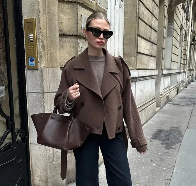 Loose Double Buckle Lapel Long Overcoat Outerwear - Brown Cropped Top