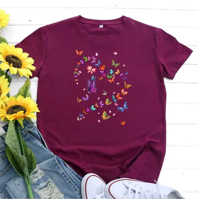 Women's Fashionable Simple Heart Butterfly Printed Round Neck Short Sleeve T shirt Wine Red - Shop at LoveMi