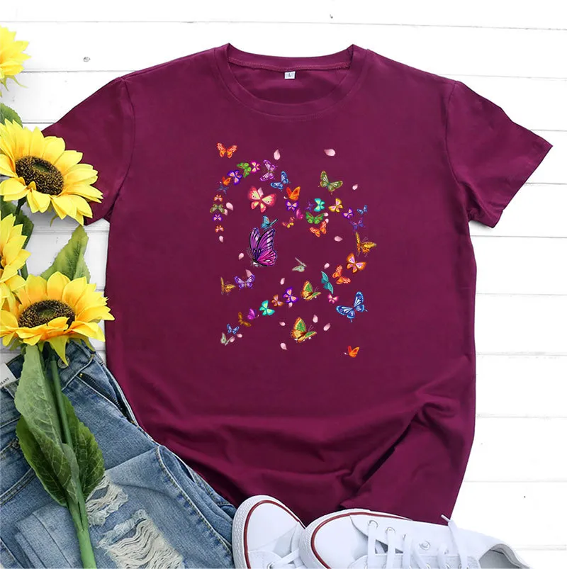 Women's Fashionable Simple Heart Butterfly Printed Round Neck Short Sleeve T-shirt - Wine Red