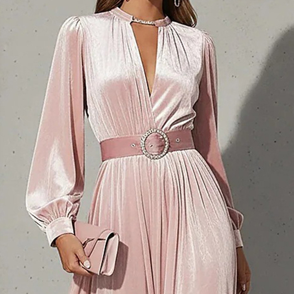 Slimming Waist-cinched Long Dress In Solid Color With A V-neck And Gold Velvet Fabric