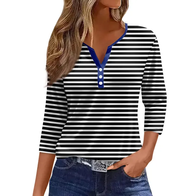 Women's T shirt V neck Three button Printed Short sleeved Top 7Color M - Shop at LoveMi