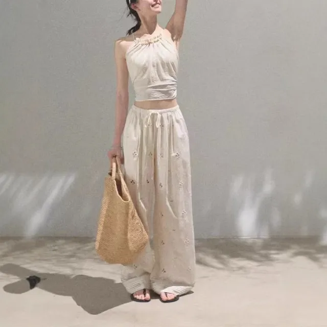 Cotton Paisley Hollow Embroidered Holiday Casual Drawstring Trousers White - Shop at LoveMi