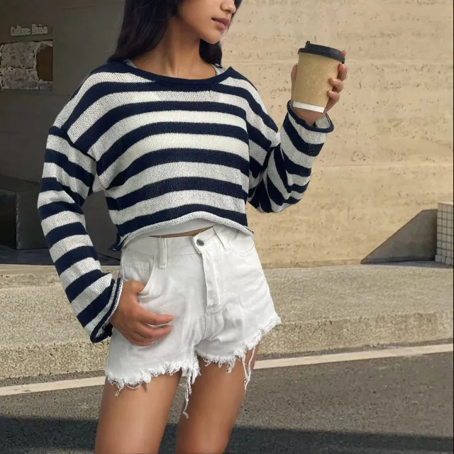Front And Back Wearable Striped Long sleeved Sweater Navy Blue - Shop at LoveMi
