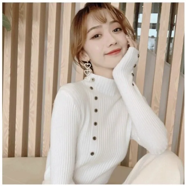 Autumn And Winter Button Half high Collar Women's Sweater White - Shop at LoveMi