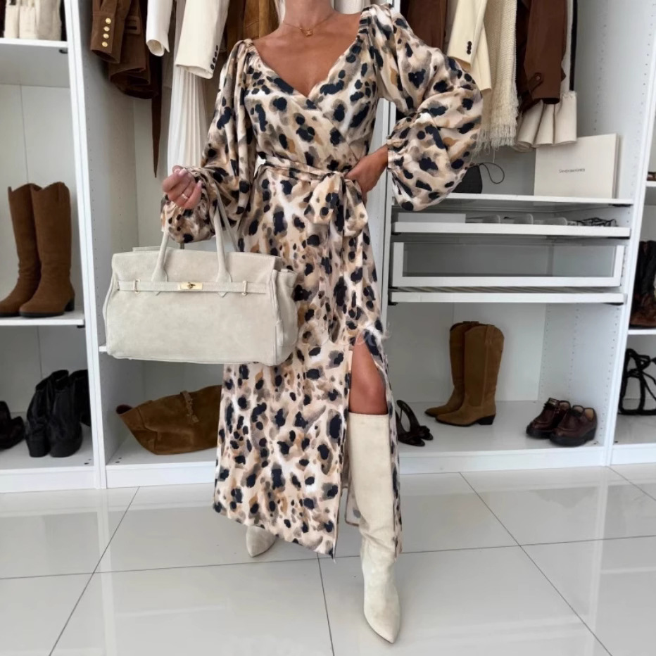 Women's Printed Waist-controlled Hem Slit Long-sleeved Dress - Image 3