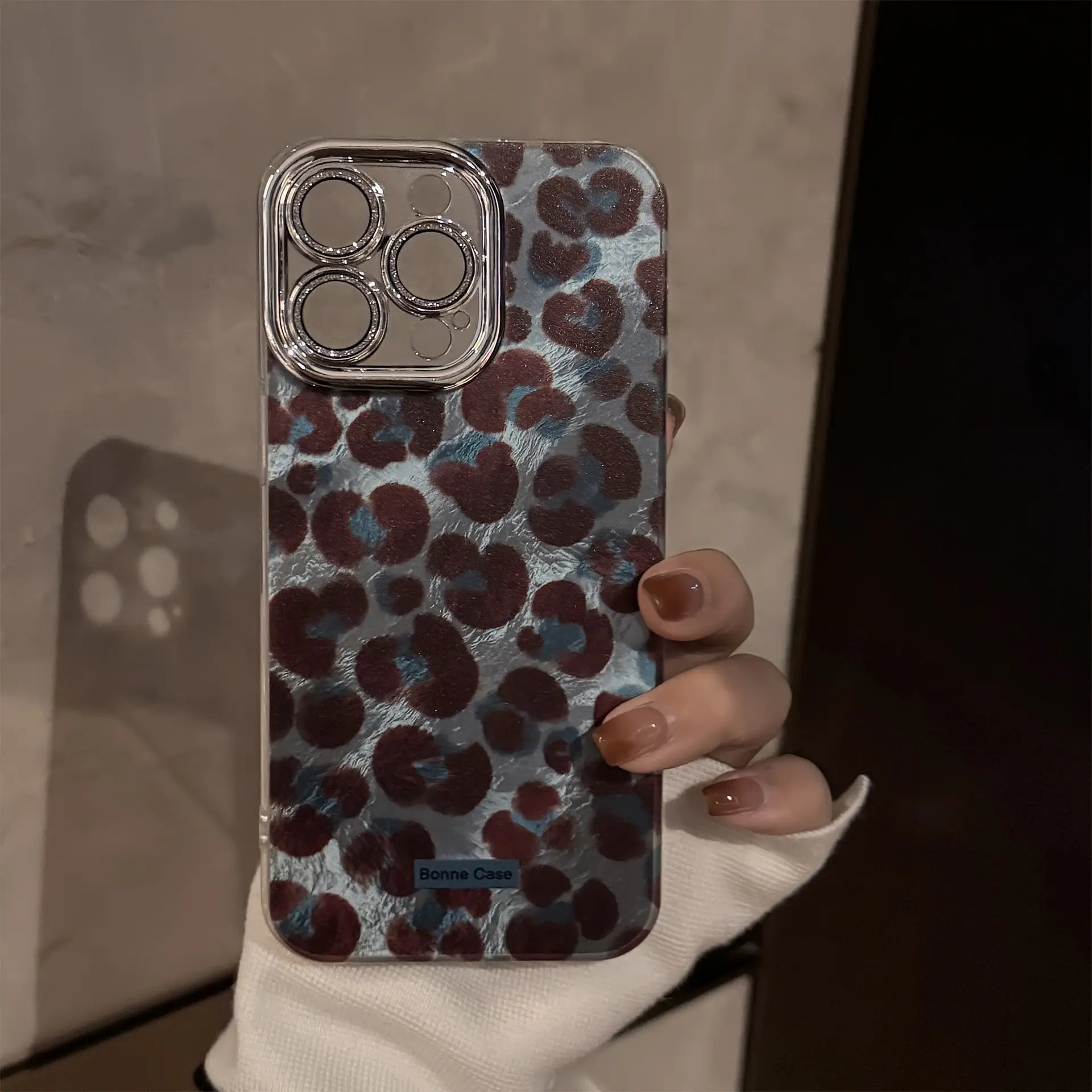 Retro Blue And Brown Leopard-Print Phone Case With Furry Pom-Pom Chain