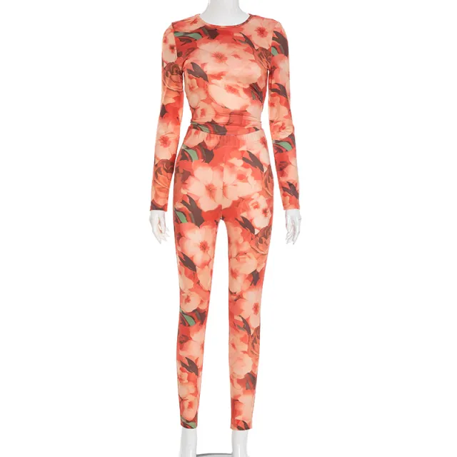 Autumn Pullover Crew Neck Floral Print Long Sleeve Slim Fit Cropped Pants Set Red - Shop at LoveMi