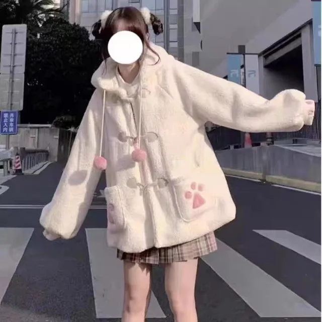 Autumn And Winter Cute Hooded Bear Ears Fleece Shirt Sweater Furry Baggy Coat Student Top Milky White - Shop at LoveMi