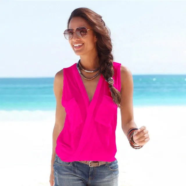 Double Pocket V neck Sleeveless Vest Cross European And American T shirt Rose Red - Shop at LoveMi