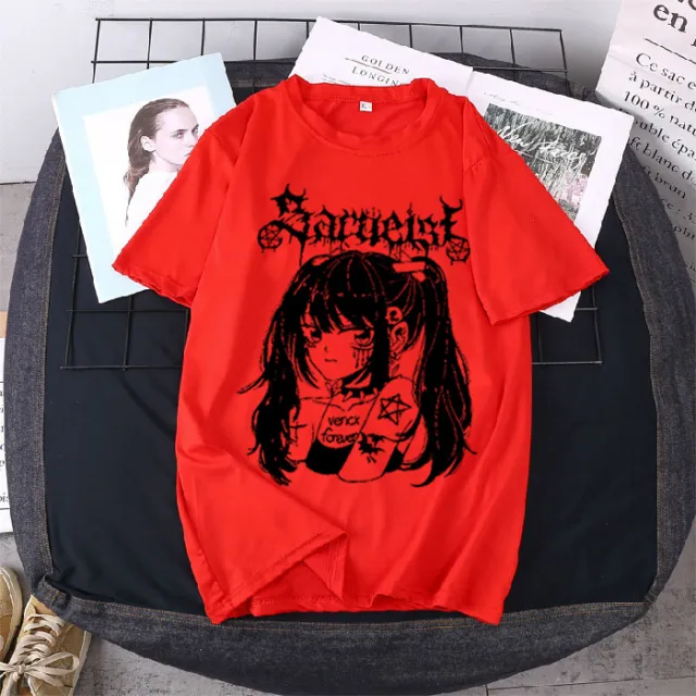 T shirt Female Flab Hiding Short Sleeve Girlfriends Clothes Sweet Cool Girl Wear New Fashion Tops Red - Shop at LoveMi