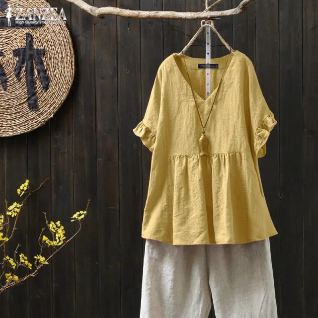 Ruffled Loose Plus Size Top For Ethnic Style Shirt Women Yellow - Shop at LoveMi