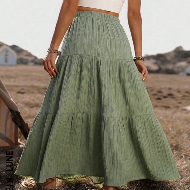 Elastic Waist Comfort Womens Long Tiered Striped Skirt