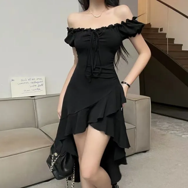 Ruffled Irregular Dress Women's Off shoulder Waist tight Sexy Black - Shop at LoveMi