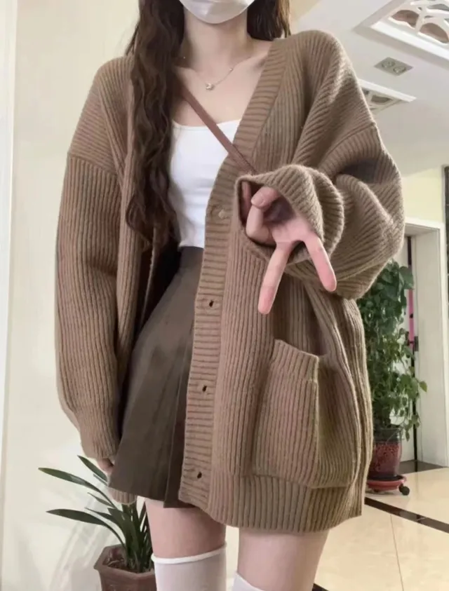Student V neck Versatile Solid Color Knitted Coat Cardigan Camel - Shop at LoveMi