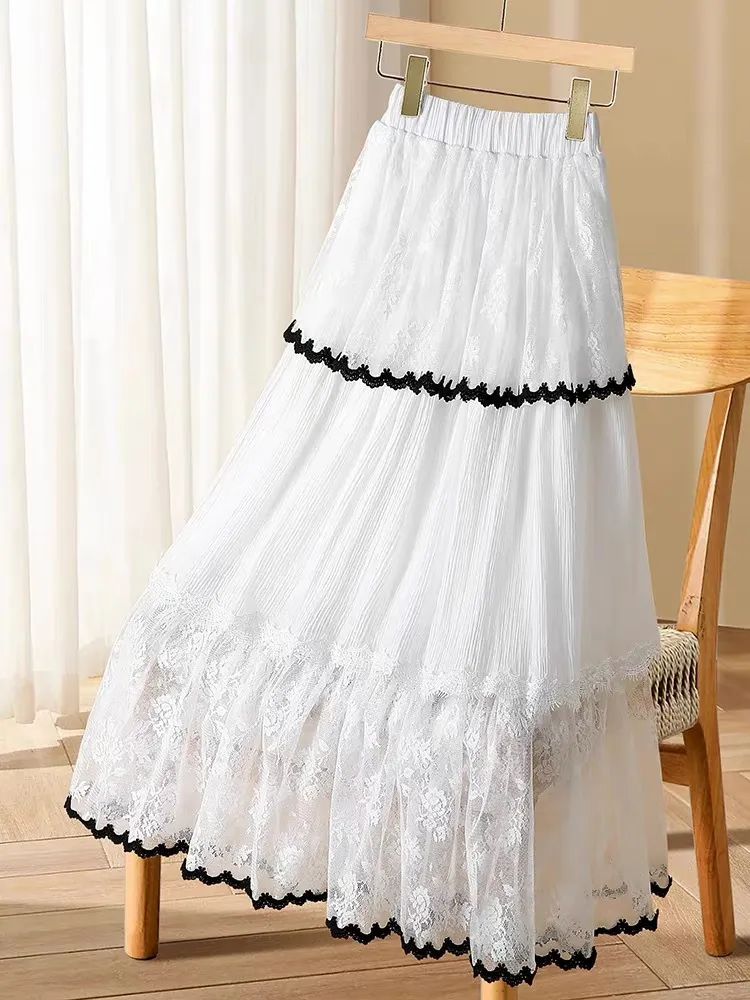 Womens Casual Versatile Lace-trimmed Skirt - White