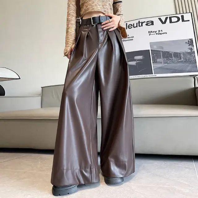 Suit Wide leg Leather Pants Women's High Waist Loose Brown - Shop at LoveMi