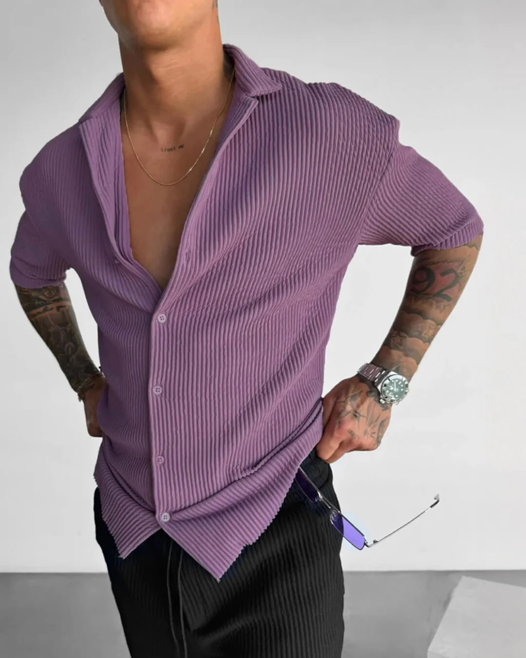 Mens Solid-Color Short-Sleeve Casual Cardigan Shirt