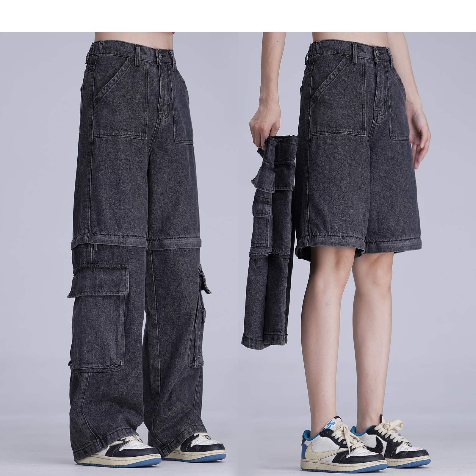 Two way Detachable Tooling Style Worn Jeans Men And Women Black - Shop at LoveMi