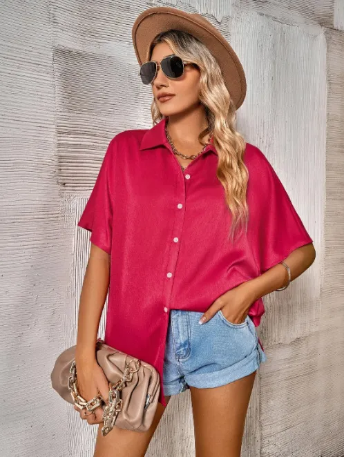Fashionable Lapel Loose fit Solid color Shirt Red - Shop at LoveMi