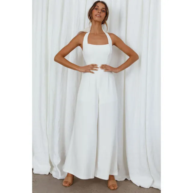Women's Pure Color Halter Backless Wide Leg Leisure Jumpsuit White - Shop at LoveMi