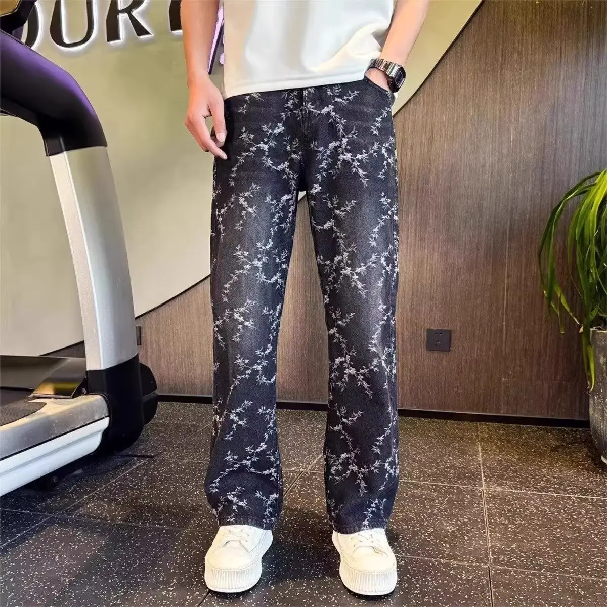 Mens American-Style Retro Jacquard Denim Jeans