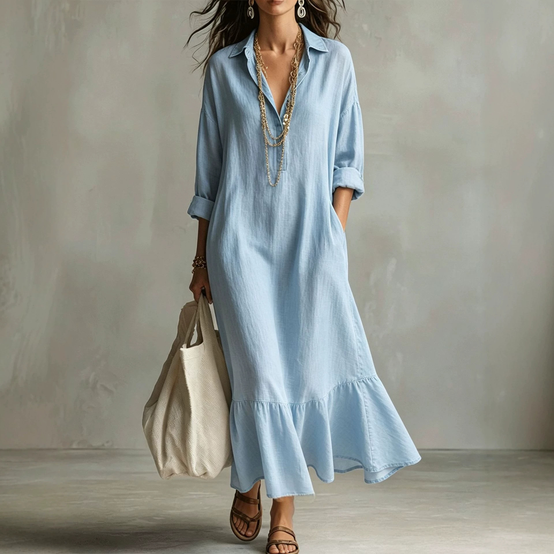 Turn-down Collar Fishtail Casual Loose-fit Figure-flattering Shirt Dress