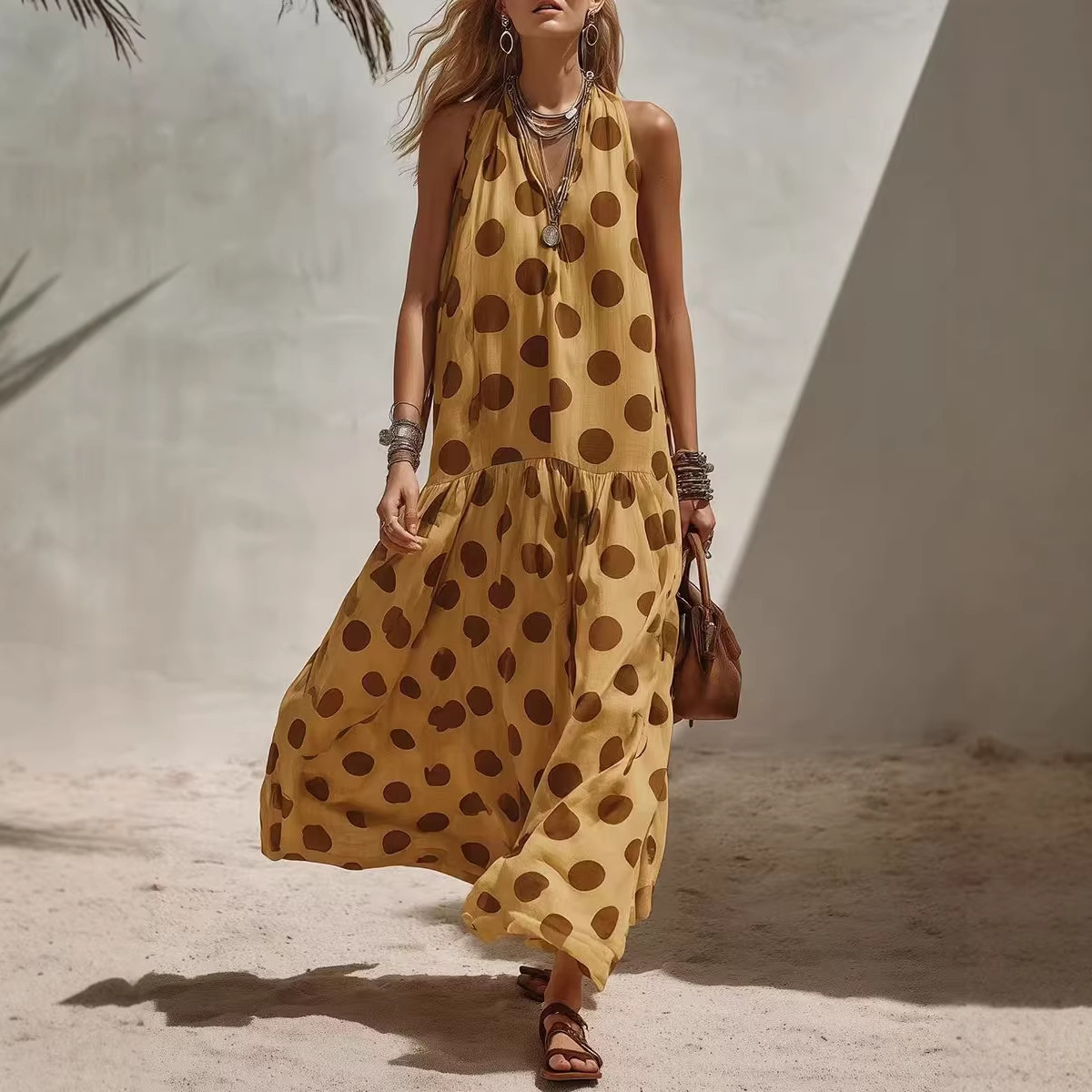 Women's digital print short sleeve loose maxi dress in Yellow – knit fabric long dress, front view showing relaxed fit