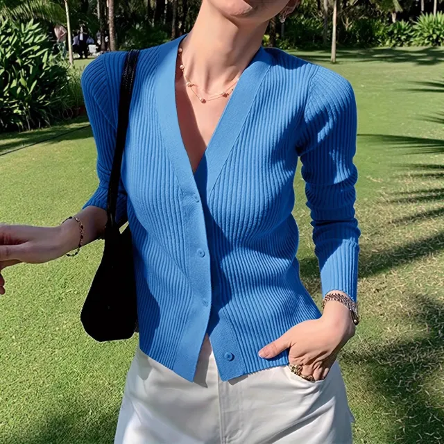 Casual, Elegant Knit Sweater With A Relaxed V neck And Long Sleeves Blue - Shop at LoveMi