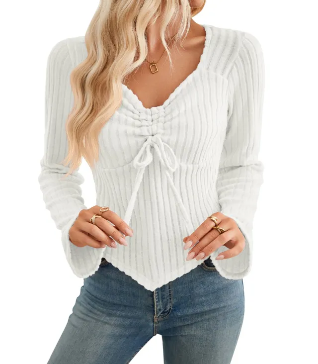 Women's Ruffled Long Sleeve Striped Cropped Top T Shirt White - Shop at LoveMi