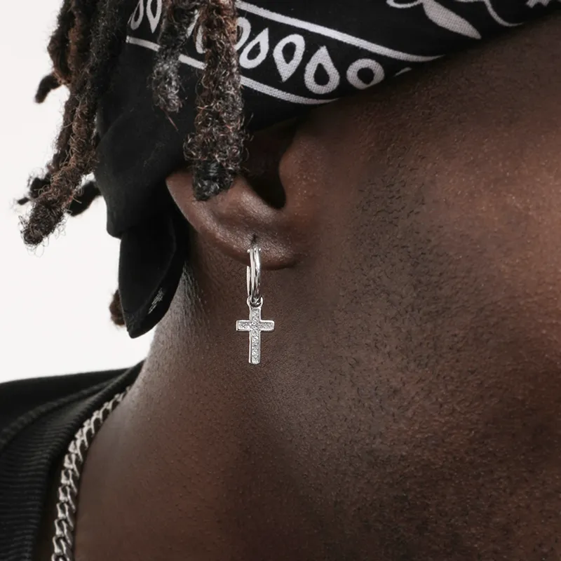 Sterling Silver Cross Ear Ring Men And Women Hip Hop Inlaid Zircon