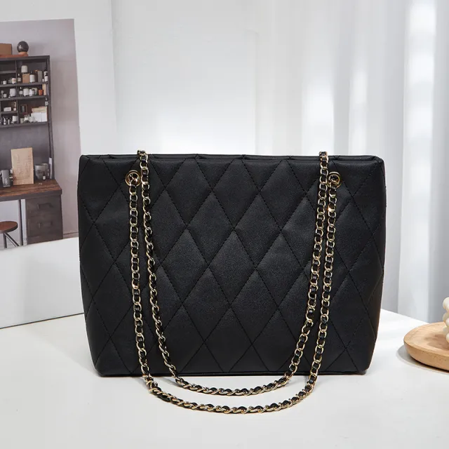 Rhombus Casual Tote Bag Vintage Chain Bag Shoulder Black - Shop at LoveMi