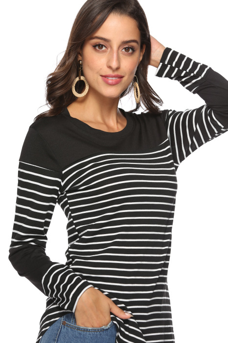 Title 18, Casual striped stitching long-sleeved loose T-s...