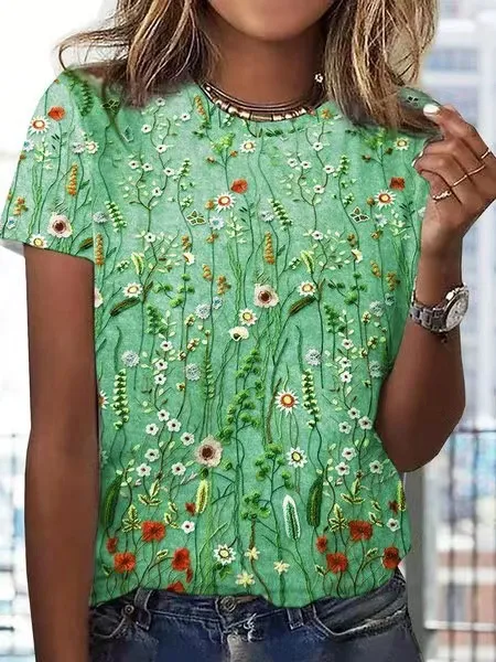 European And American Loose Round Neck Short Sleeve Floral Printed T shirt Green - Shop at LoveMi