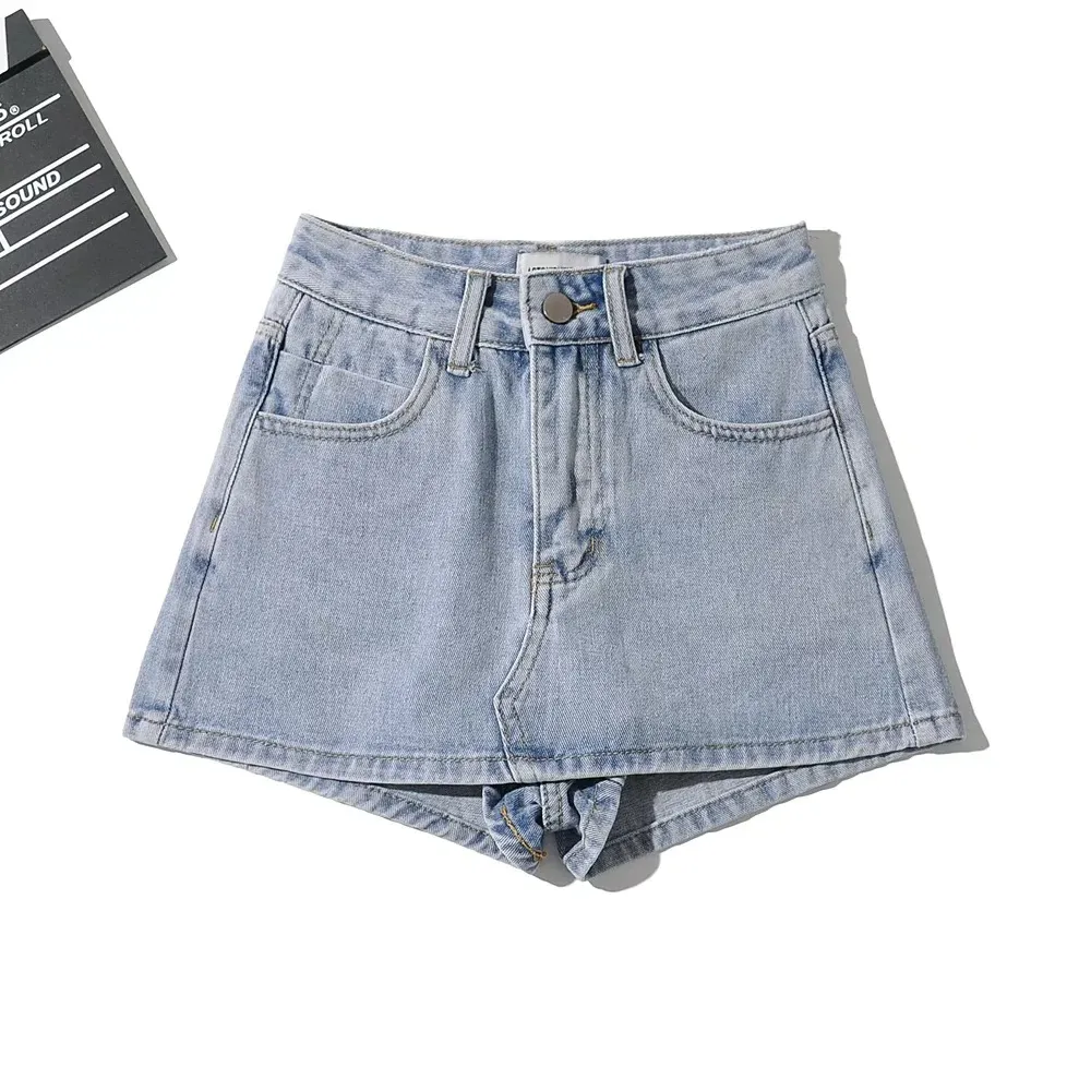 High Waist One Button Short Net Surface Denim Skirt - Light Blue