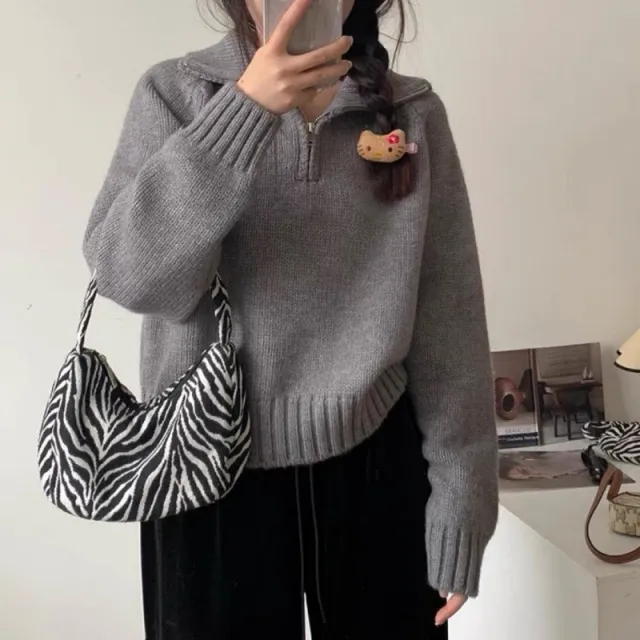 Women's Half Turtleneck Sweet Youthful Loose Half zip Sweater Gray - Shop at LoveMi