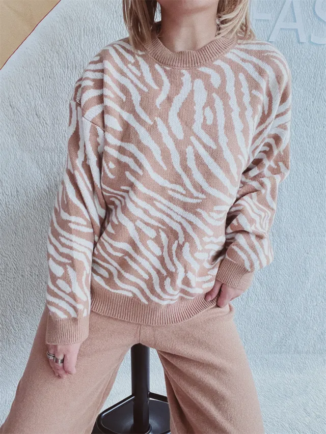 Commuter Knitted Two piece Zebra Pattern Contrast Color Khaki Blouse - Shop at LoveMi