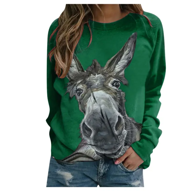 Loose Round Neck Donkey Head Floral Print Long Sleeve Pullover Green - Shop at LoveMi