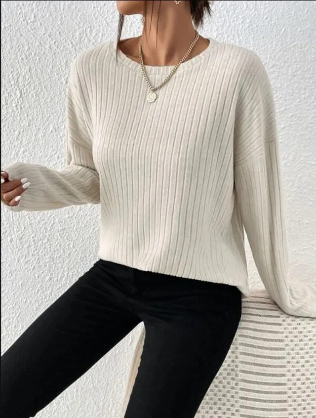 Casual Loose Solid Color Round Neck Sweater Beige - Shop at LoveMi