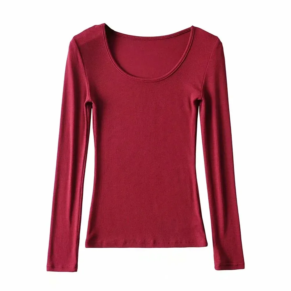 Round Neck Stretch Slim Fit Long-sleeved T-shirt Women - Wine