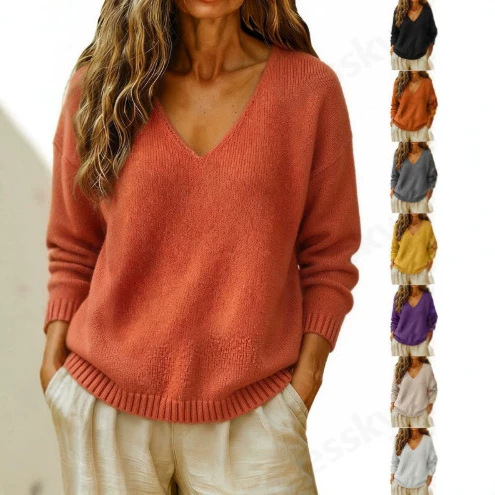 Women's Solid-color Comfortable Loose-fit Casual V-neck Pullover Top
