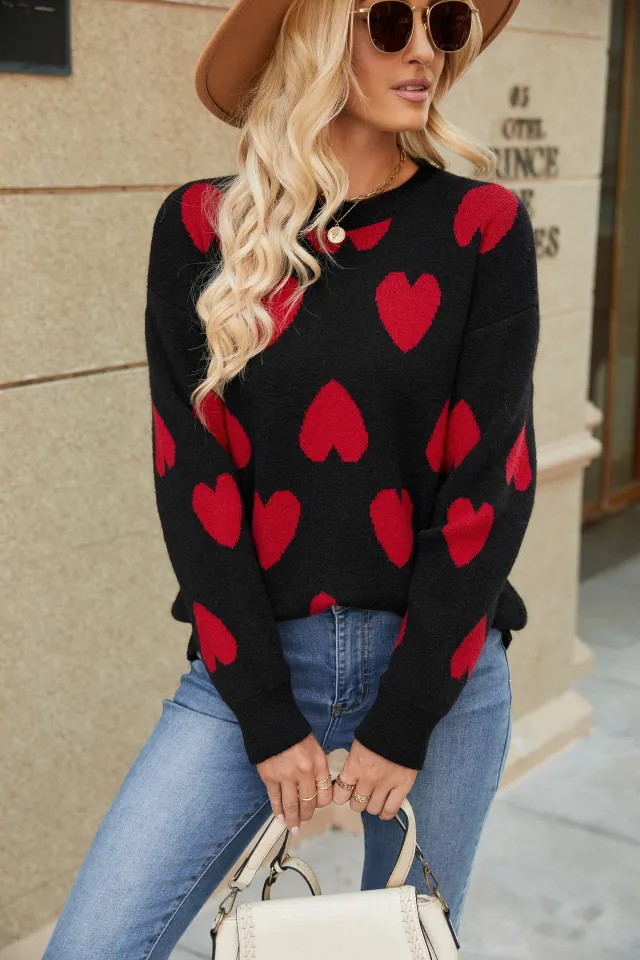 Knitted Jacquard Round Neck Pullover Long Sleeve Sweater Coat Sweater Women Black - Shop at LoveMi