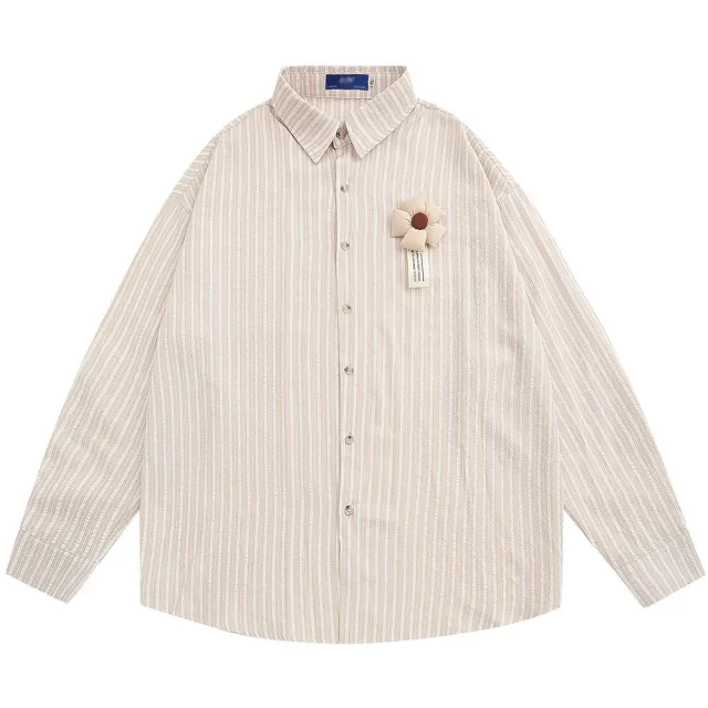 Three dimensional Decoration Flower Vertical Stripes Long Sleeve Men's Spring And Autumn Loose Lapels Shirt Apricot - Shop at LoveMi