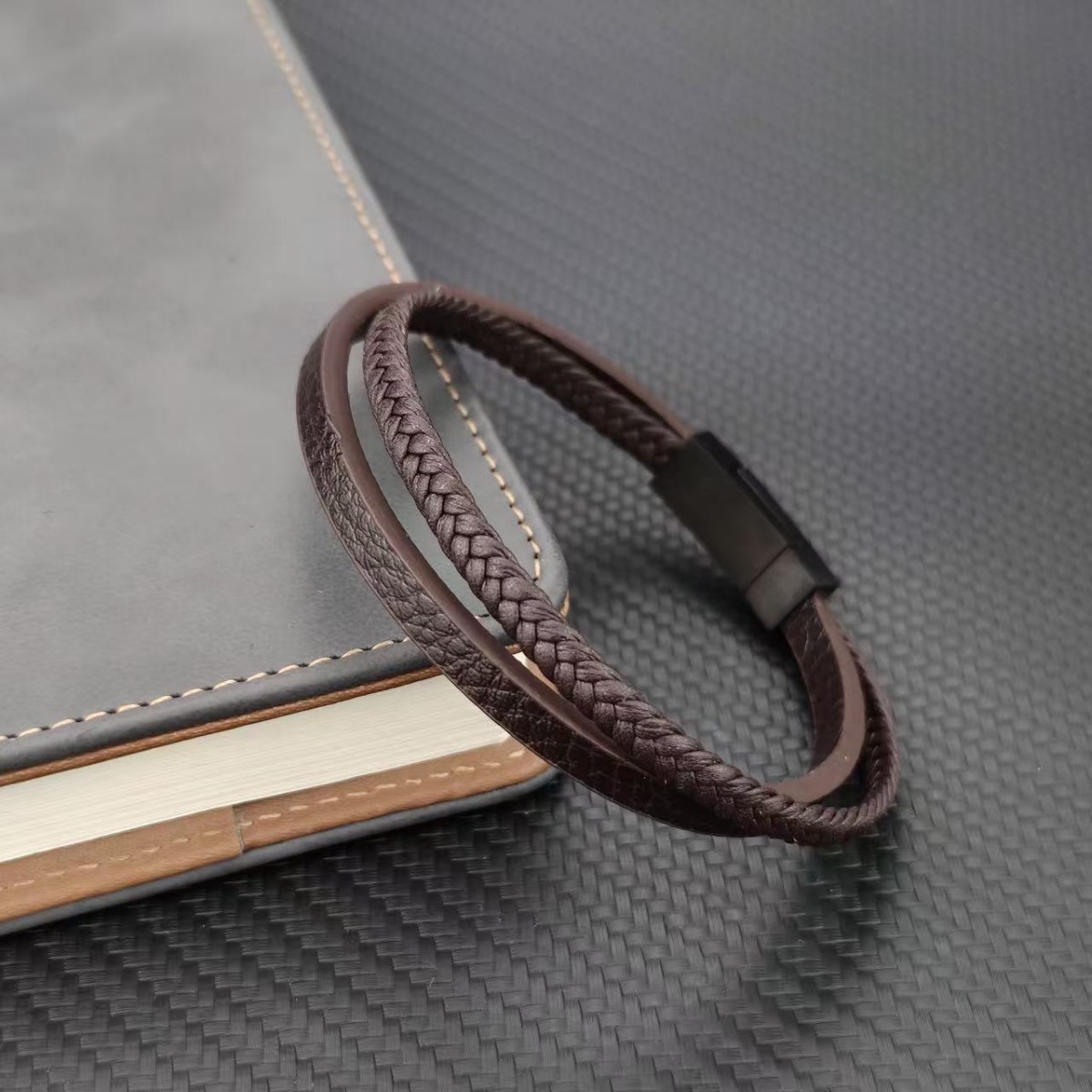 Mens Leather Cord Alloy Bracelet