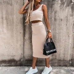 Women's Solid-Coloured Tank Top And Skirt Set Loose-Fit Casual Style - Khaki - View 1
