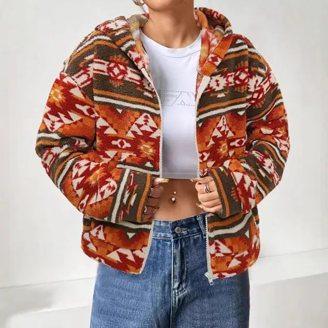 Women's Casual Printed Double sided Plush Zipper Cardigan Hooded Coat Dark Red - Shop at LoveMi