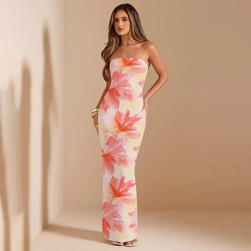 Lady's Sexy Strapless Slim fit Printed Maxi Dress Maple Leaf - Shop at LoveMi