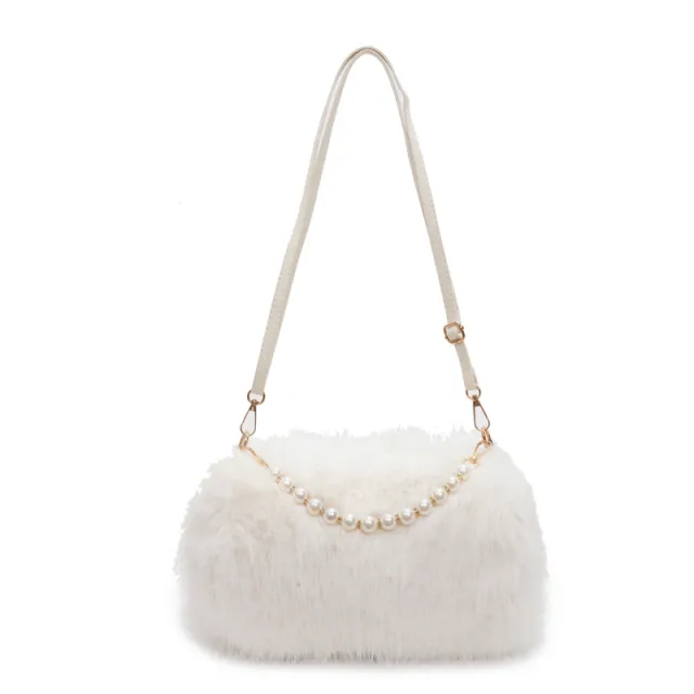 Autumn And Winter Fashion Shoulder Bags Pearl Chain Crossbody Bag Versatile Commuting Armpit Plush Female Bag Beige - Shop at LoveMi