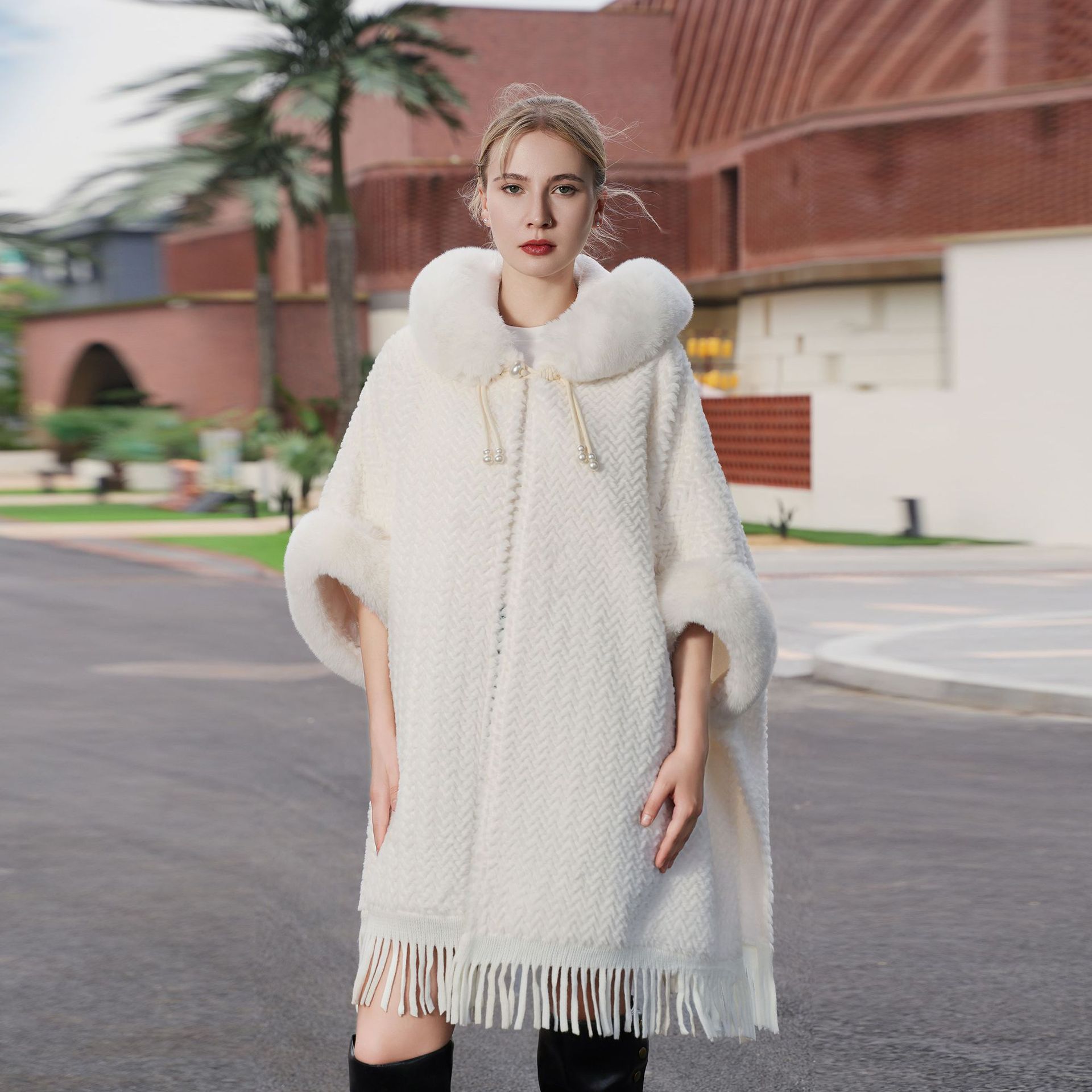 New Tassel Solid Color Cape Knitted Thick Mid-length Shawl