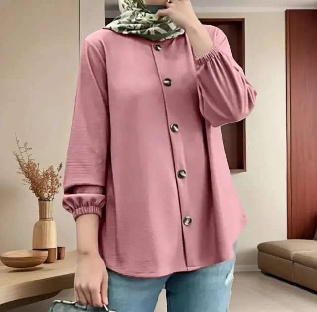 New Round Neck Long Sleeve Cuff Blouse Pink - Shop at LoveMi