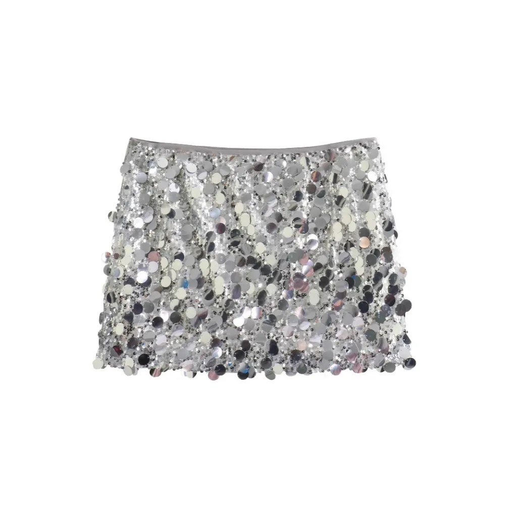 European And American Style A- Line Skirt High Waist Sheath Sequins Mini Skirt Women - Silver